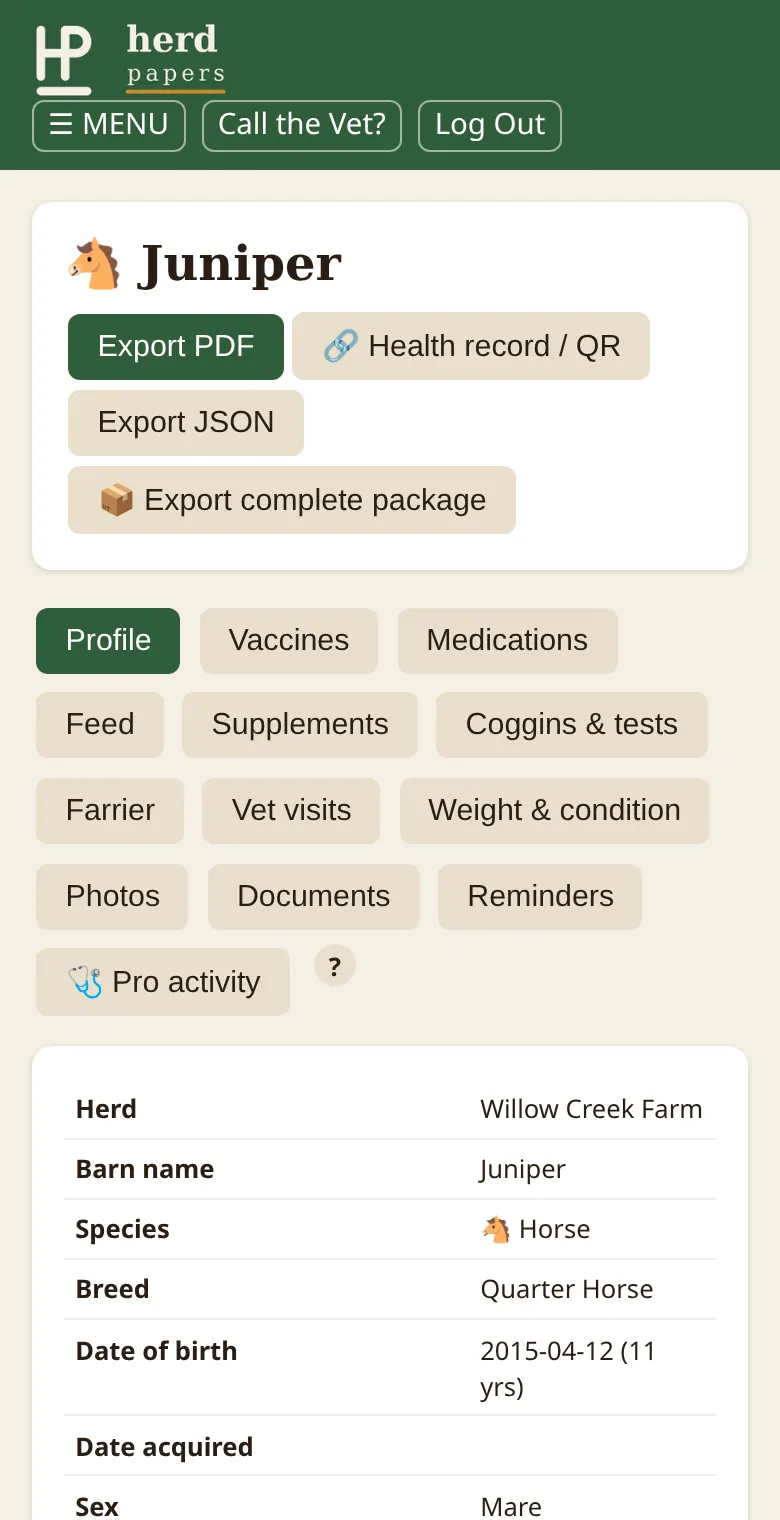 An animal profile in Herd Papers with tabs for vaccines, tests, farrier, vet visits and weight