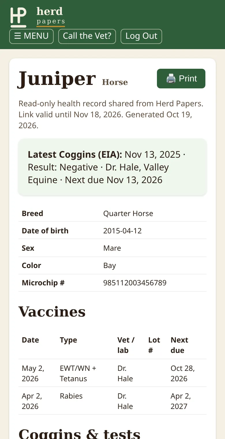 A Herd Papers QR health record showing the latest Coggins